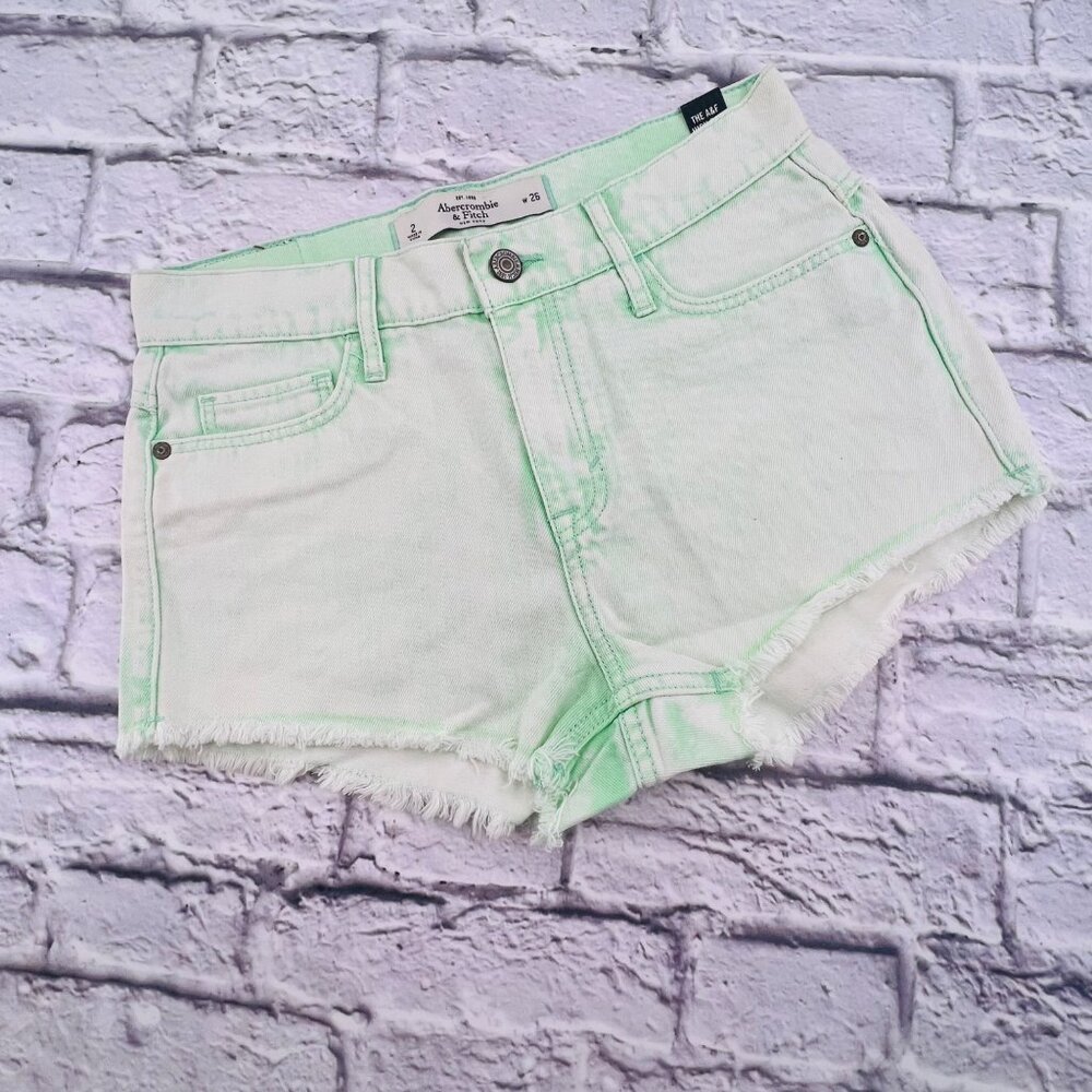 Abercrombie & Fitch Shorts Size 2 Green Acid Wash High Rise Raw Hem Shortie NEW